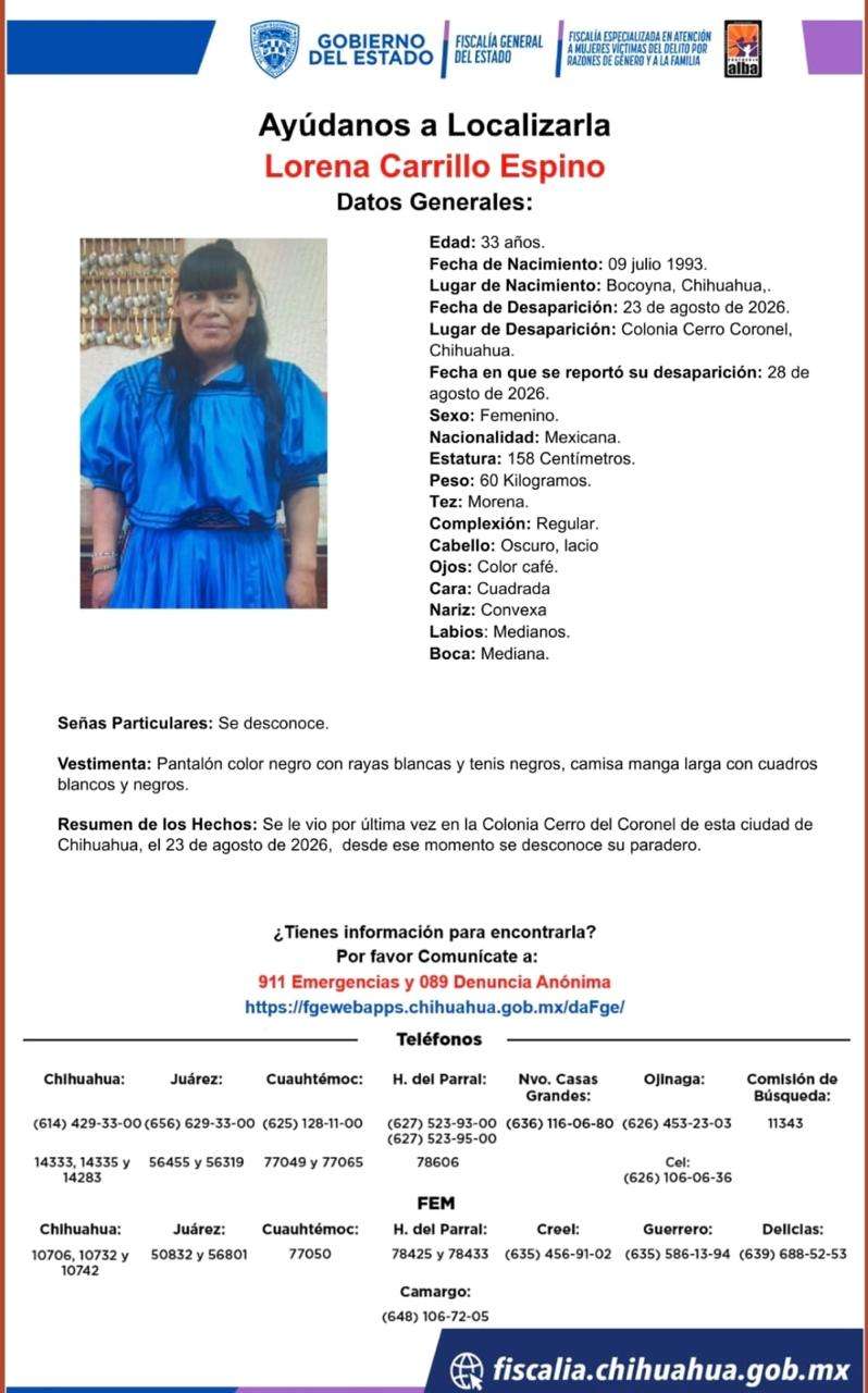 Buscan a Lorena Carrillo desaparecida en Cerro del Coronel