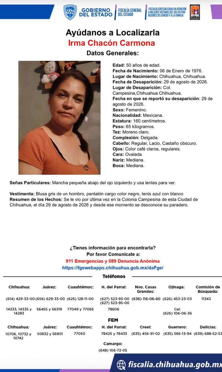 Busca FGE a Irma Chacón, desaparecida en la colonia Campesina