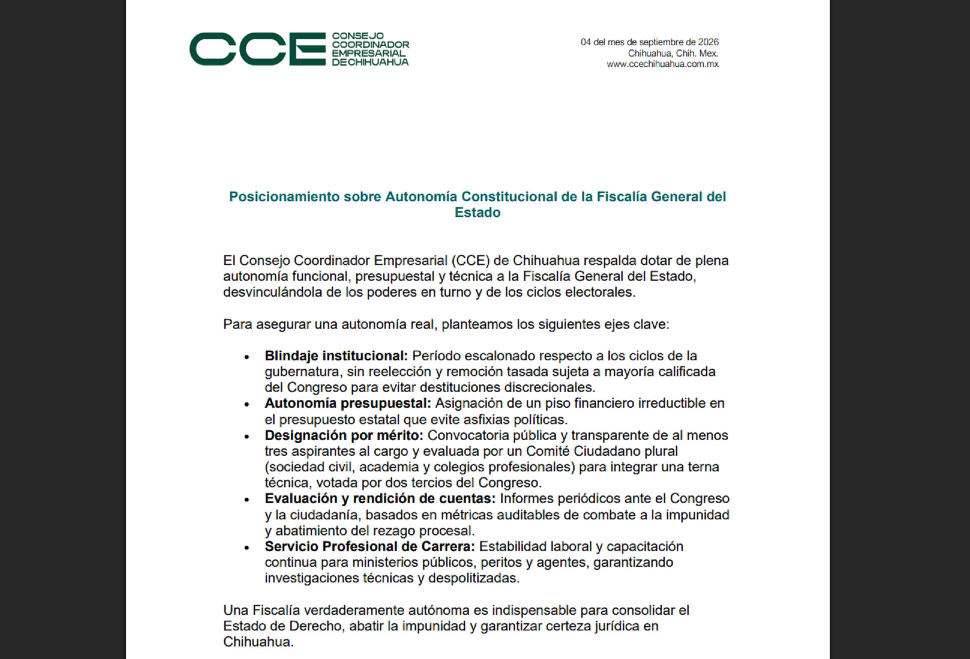 Respalda CCE autonomía de FGE; propone blindarla de intereses políticos
