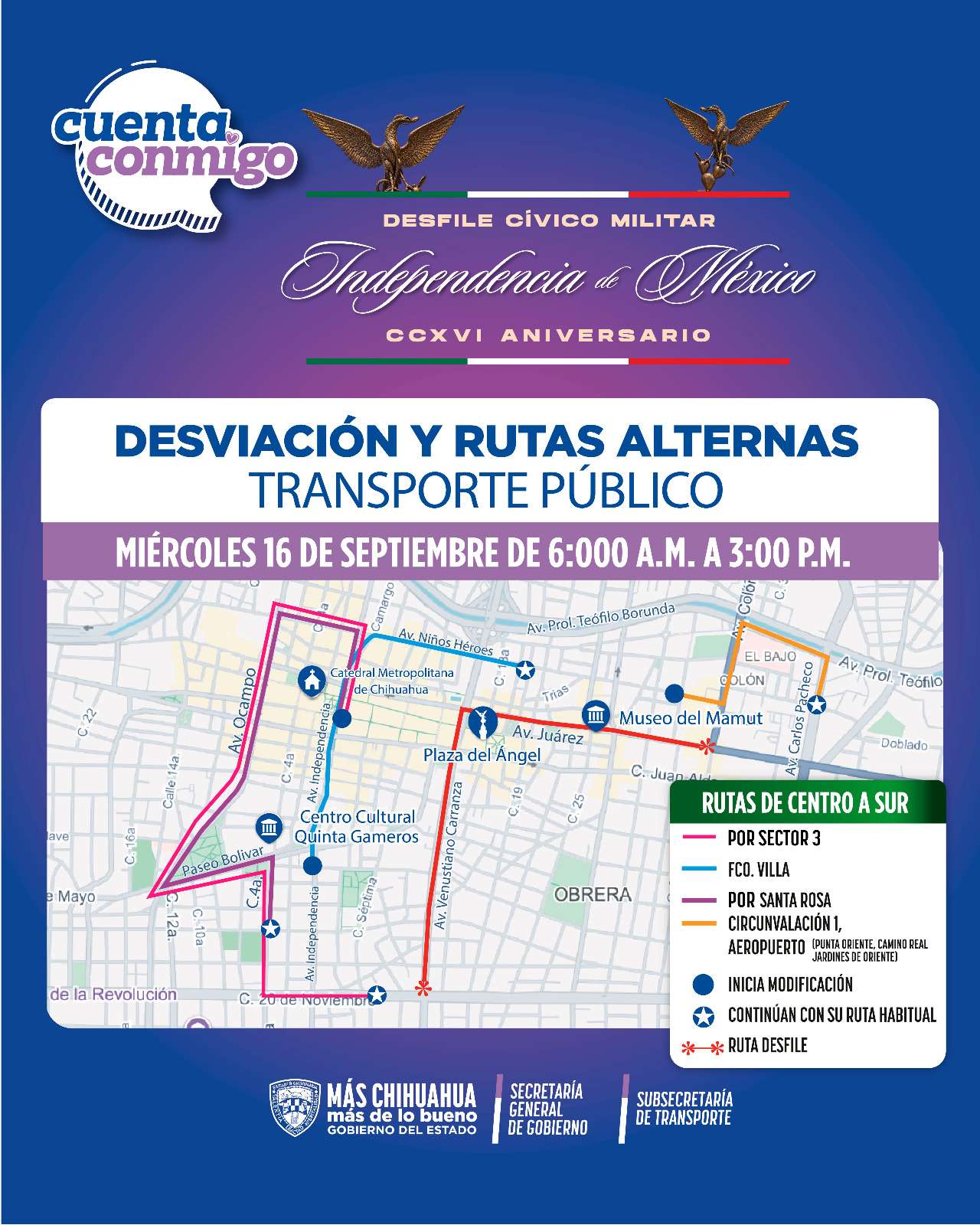 Modifican rutas de transporte por desfile del 16 de septiembre