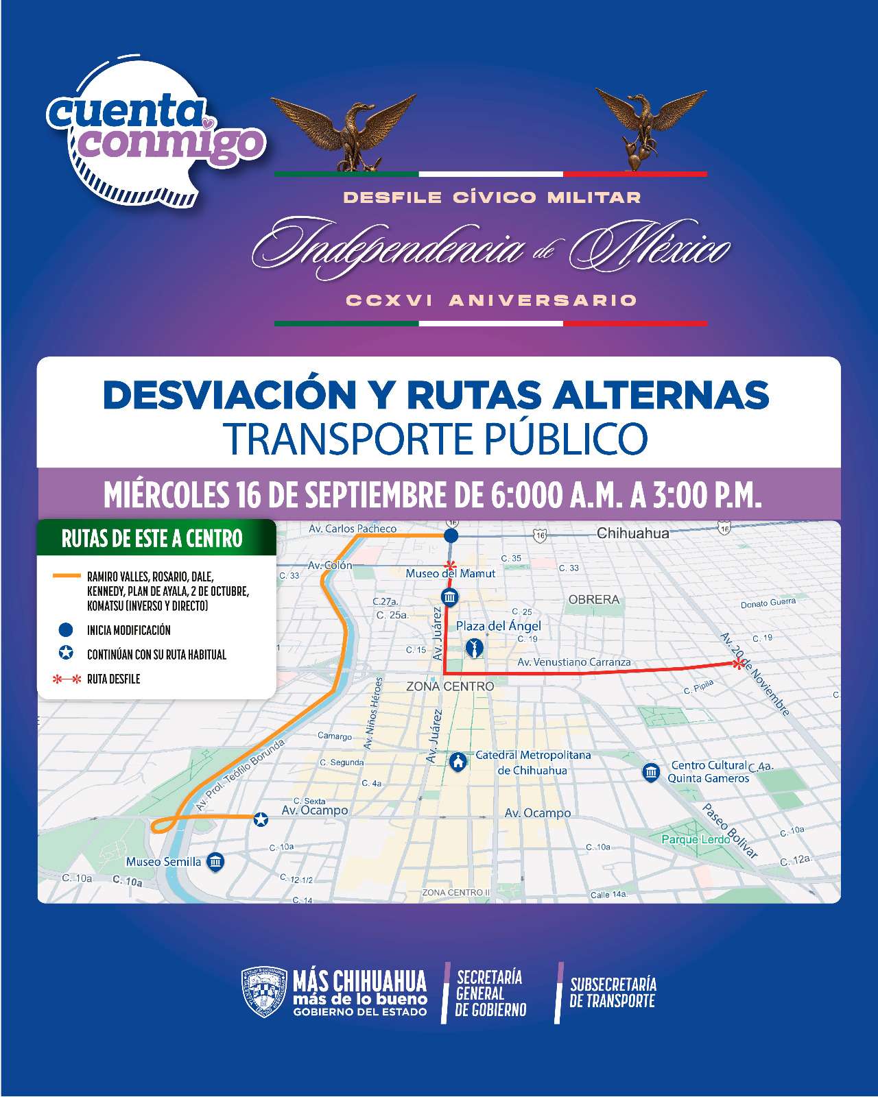 Modifican rutas de transporte por desfile del 16 de septiembre