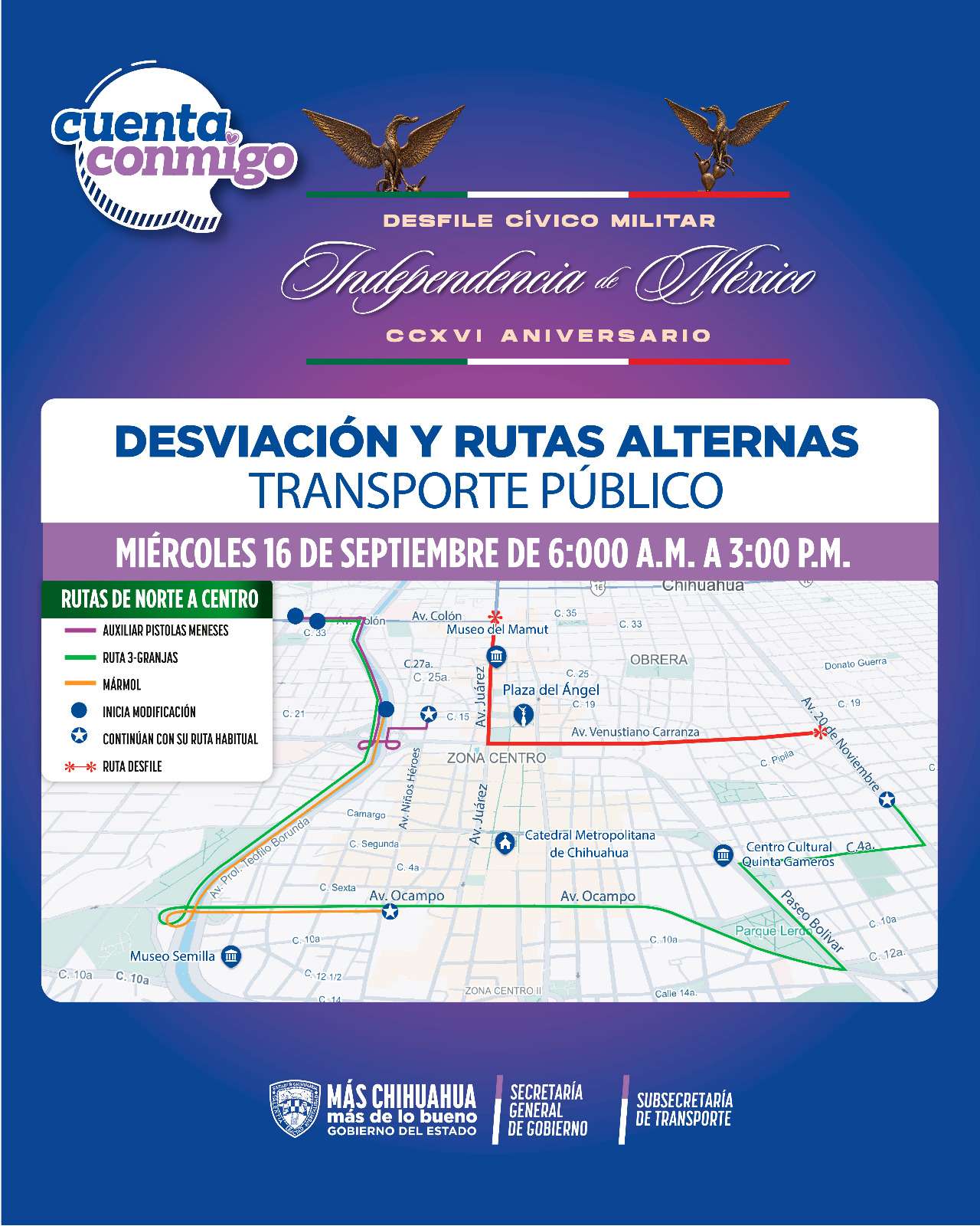 Modifican rutas de transporte por desfile del 16 de septiembre