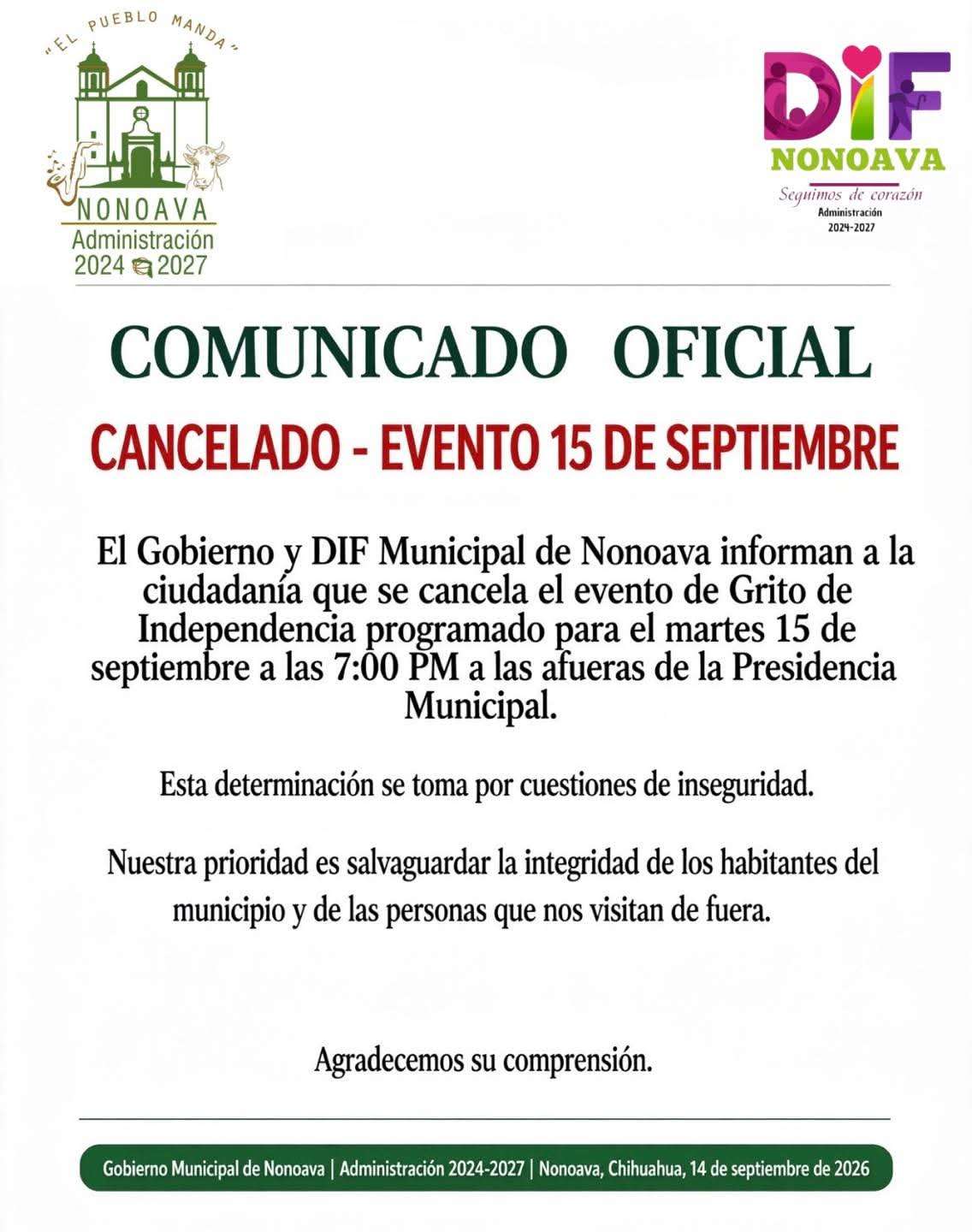 Cancela Nonoava festejos del 15 de septiembre por inseguridad