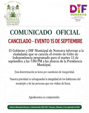 Cancela Nonoava festejos del 15 de septiembre por inseguridad