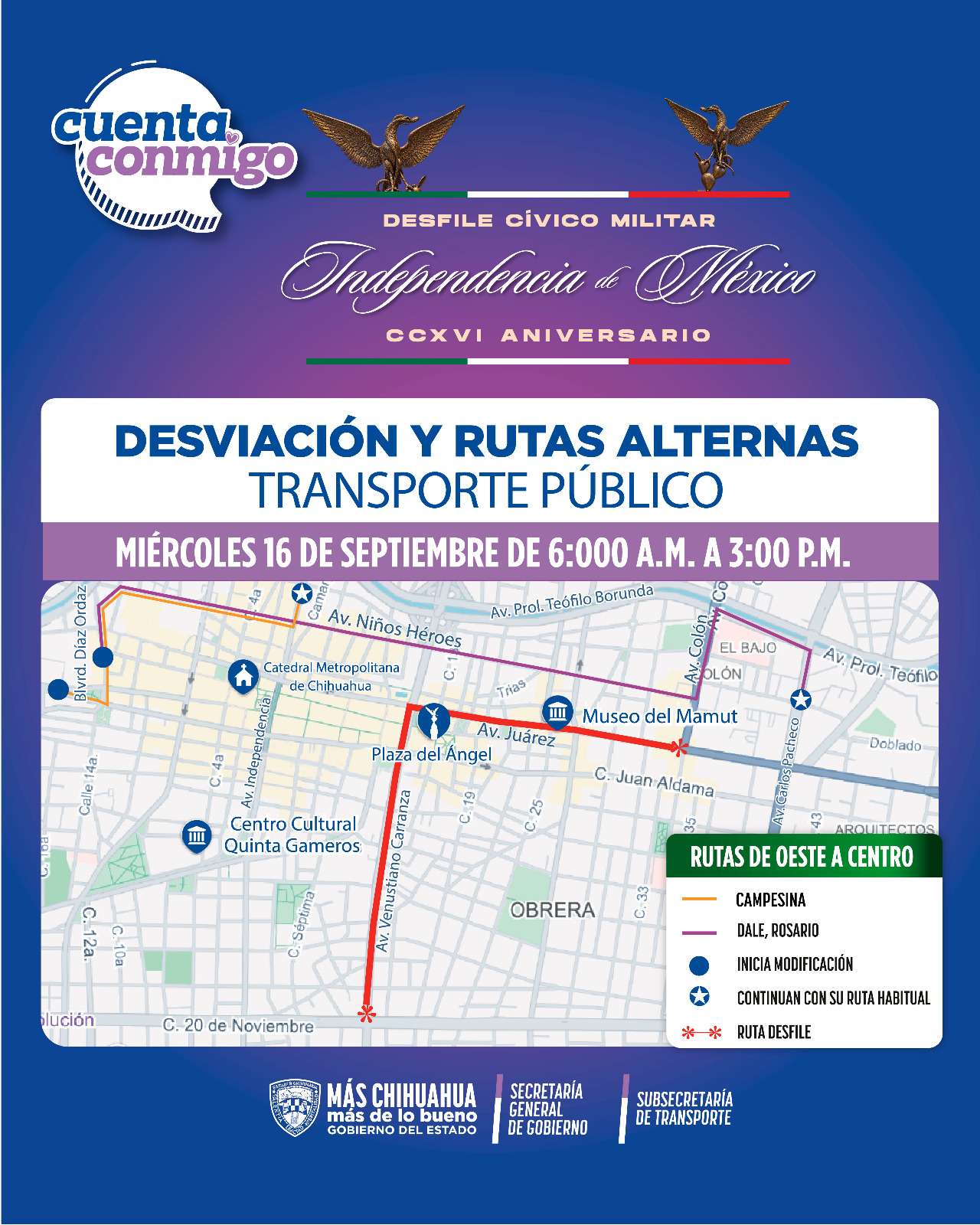 Modifican rutas de transporte por desfile del 16 de septiembre