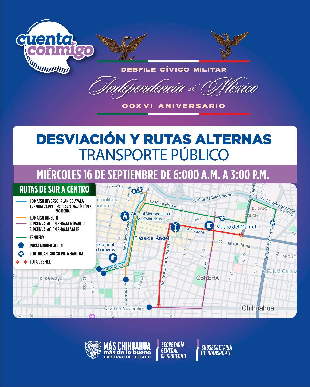 Modifican rutas de transporte por desfile del 16 de septiembre