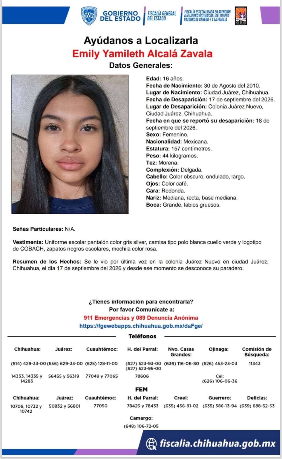 Buscan a Emily Yamileth, adolescente de 16 años desaparecida en Juárez Nuevo