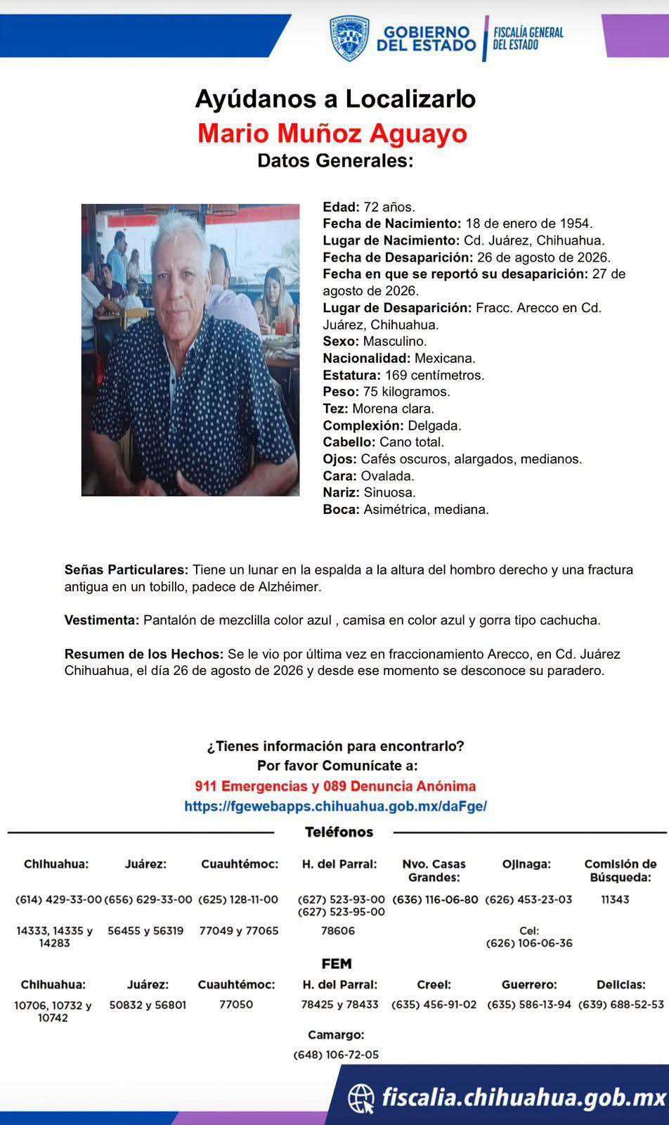 Buscan a Mario Muñoz Aguayo, hombre de 72 años desaparecido 