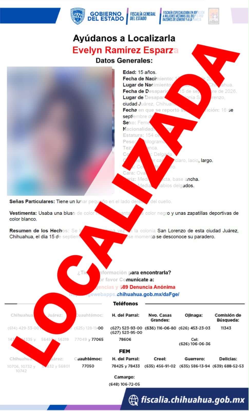 Localizan a Evelyn; adolescente de 15 años reportada como ausente