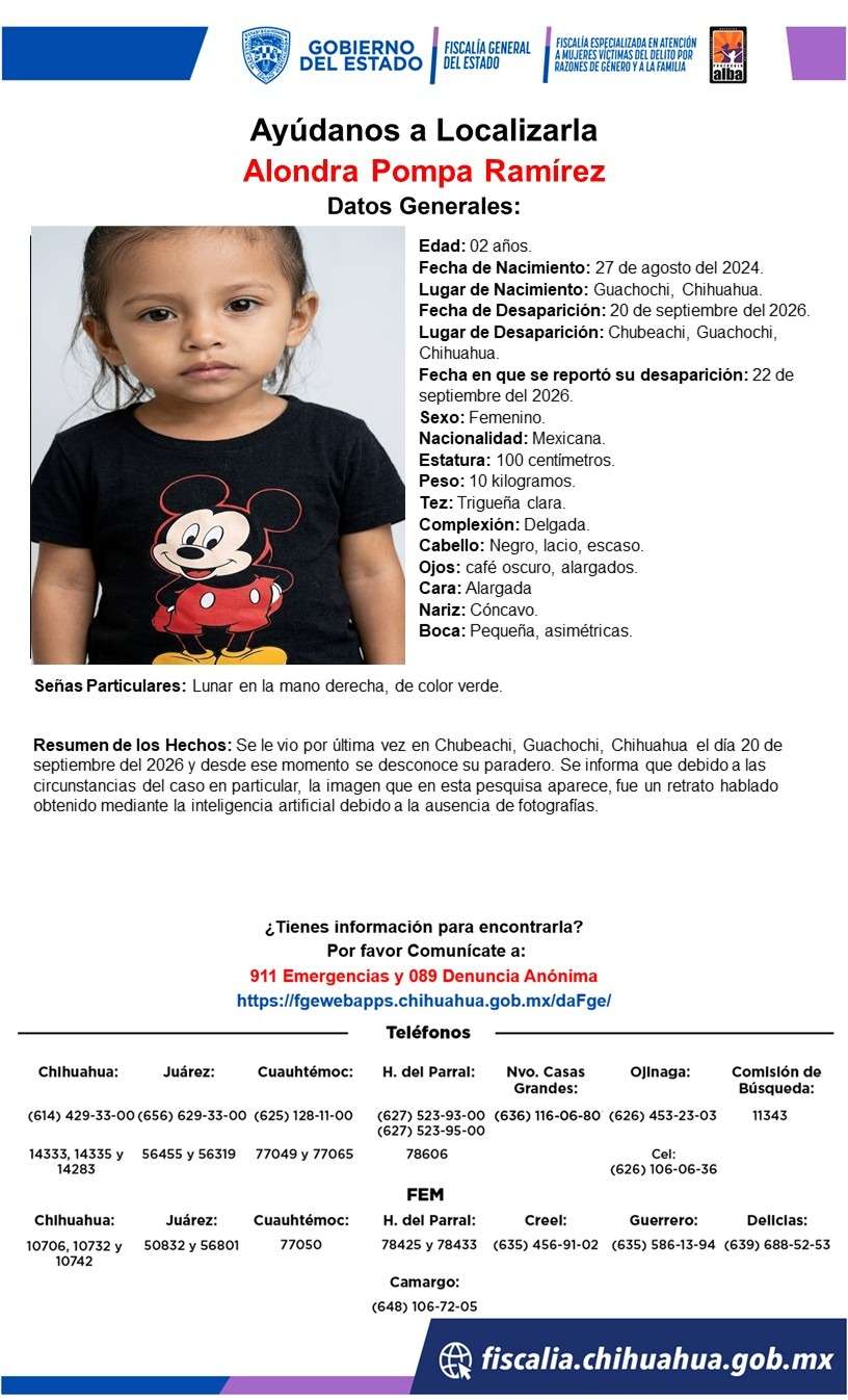 Buscan a menor de 2 años desaparecida en Guachochi