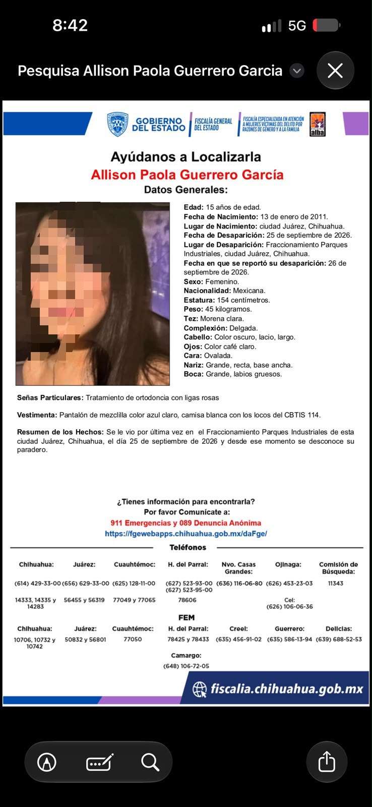 Localizan a adolescente de 15 años, desaparecida en Parques Industriales