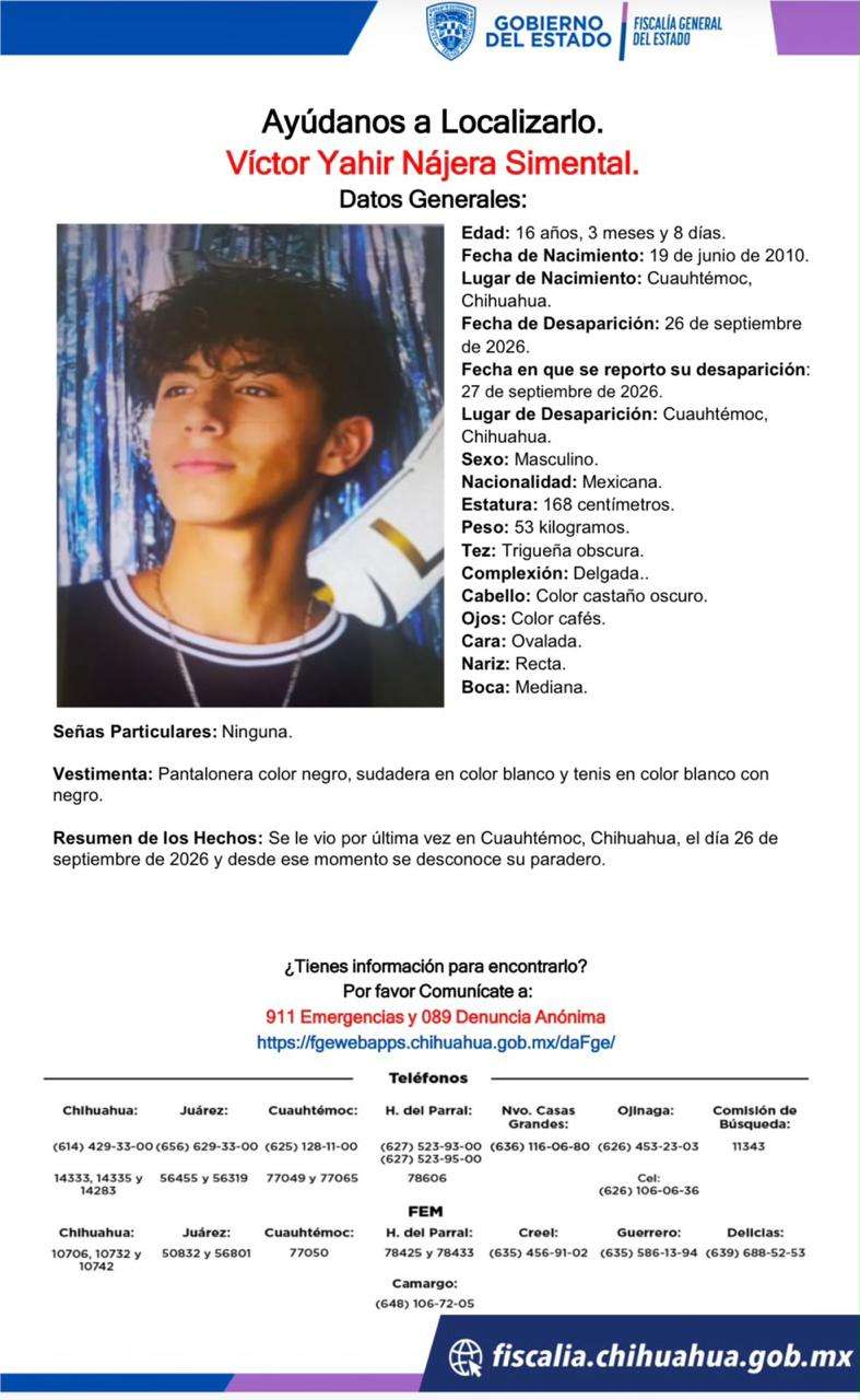 Solicitan ayuda para localizar a Víctor Yahir Nájera