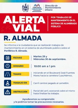 Alertan por trabajos de mantenimiento al alumbrado del R. Almada