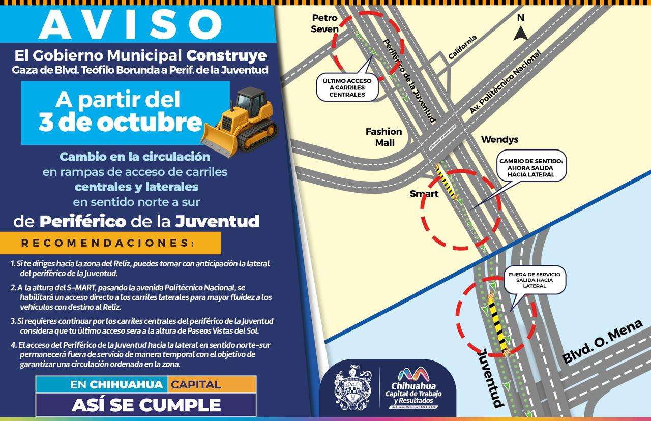 Modificarán carriles laterales y centrales del periférico de la Juventud 