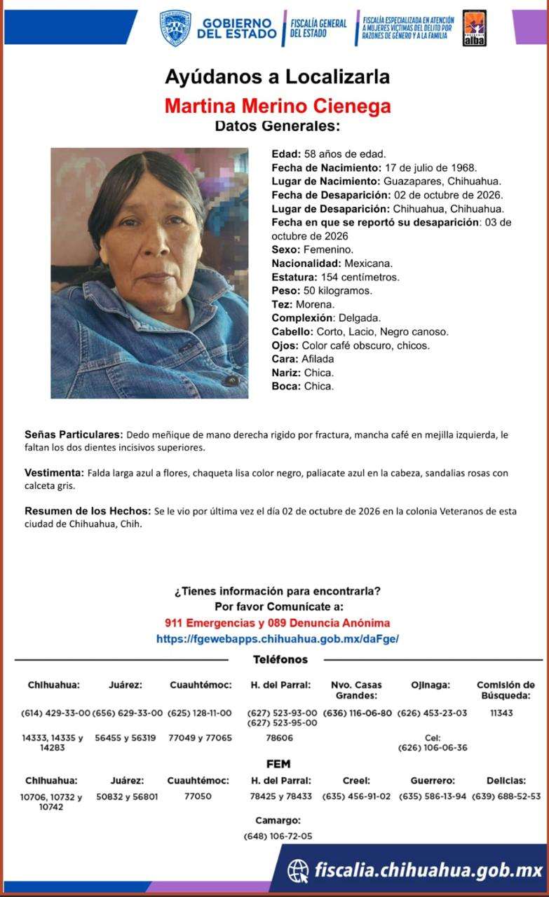 Solicitan ayuda para localizar a Martina Merino Cienega