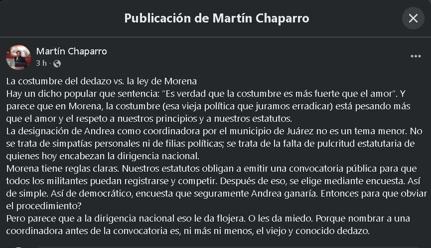 Acusa Martín Chaparro dedazo en designaciones de Morena