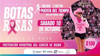 Invitan a inscribirse a la carrera Social Run Botas Rosas en Parral 