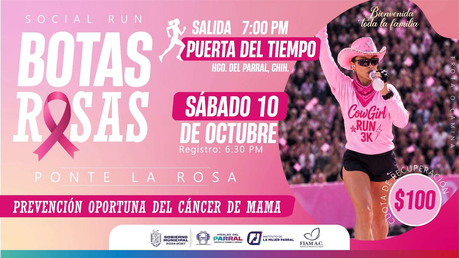 Invitan a inscribirse a la carrera Social Run Botas Rosas en Parral 