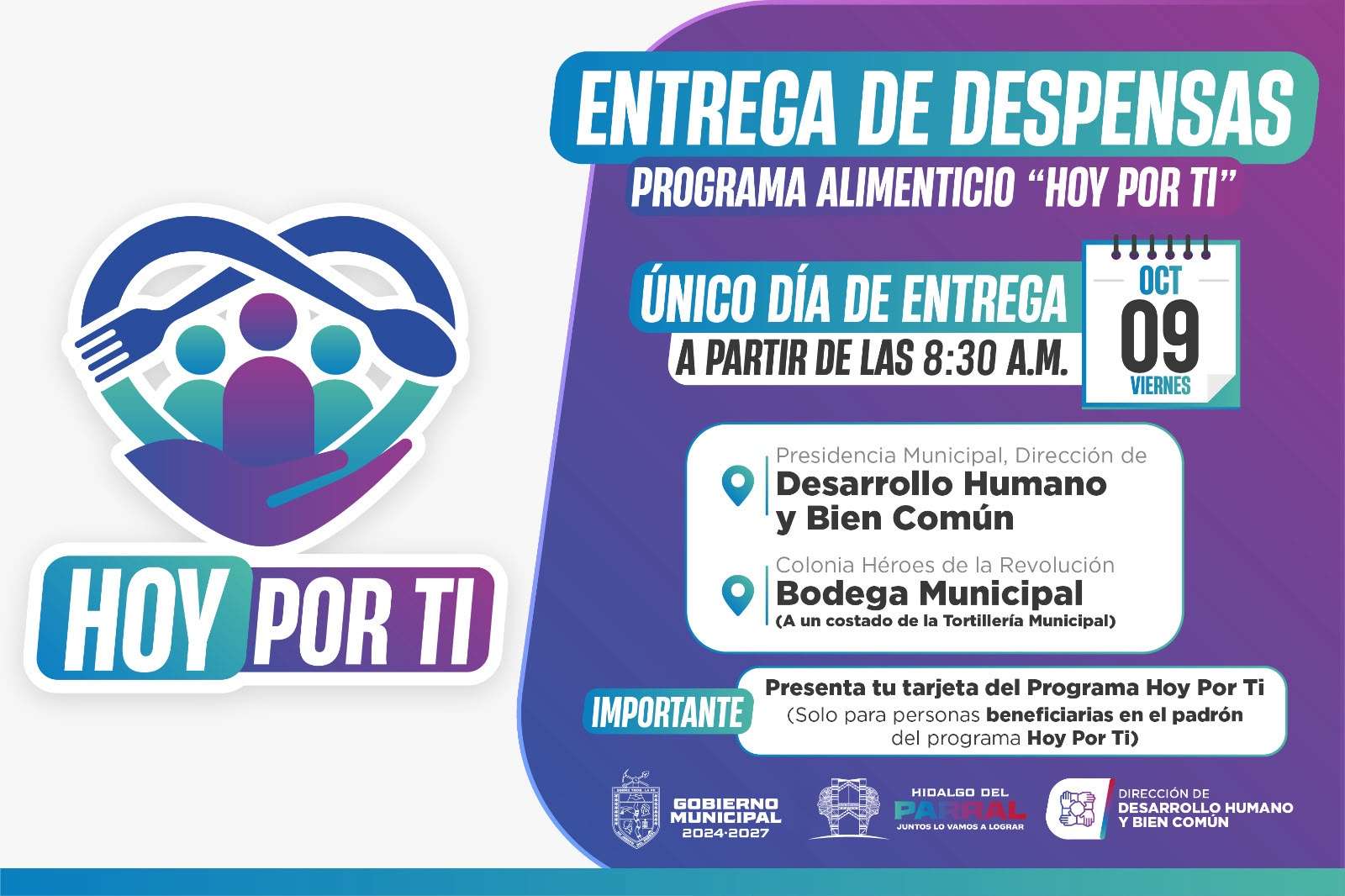 Anuncian entrega de despensas del programa Hoy por Ti en Parral 