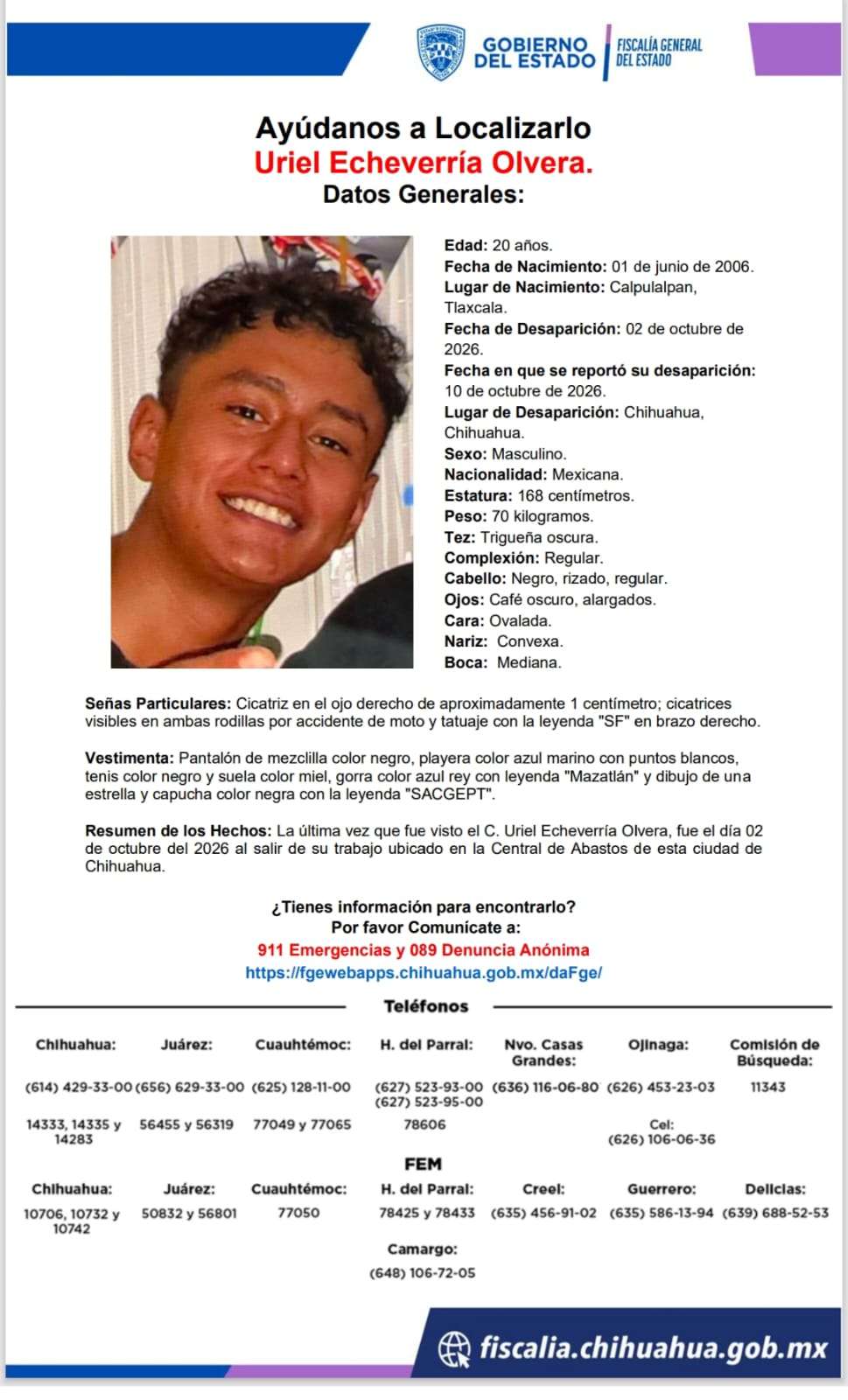 Solicitan ayuda para localizar a Uriel Echeverría Olvera
