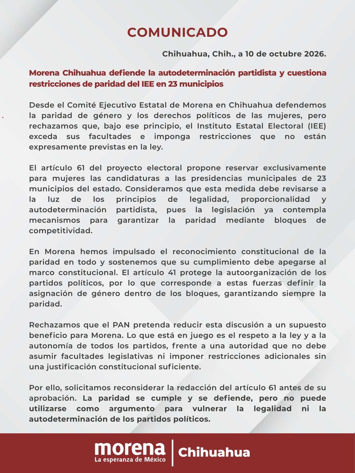 Cuestiona Morena reglas del IEE sobre candidaturas municipales