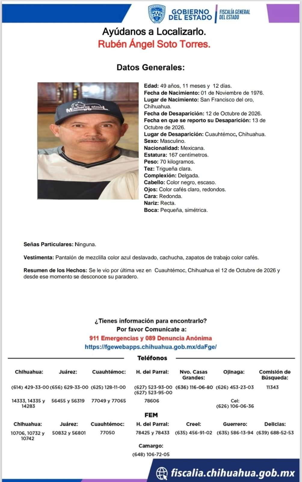 Solicitan apoyo para encontrar a desaparecido en Cuauhtémoc