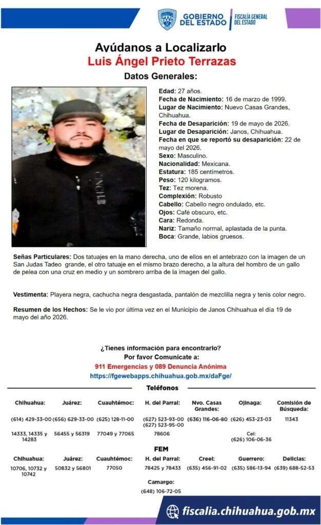 Difunden pesquisas para localizar a tres personas ausentes en Nuevo Casas Grandes