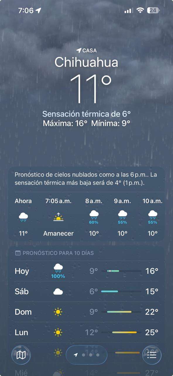 Amanece Chihuahua a 11°C bajo lluvias y cielo totalmente cerrado