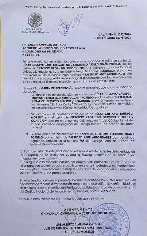Liberan orden de aprehensión contra César Jauregui y Arturo Zuany