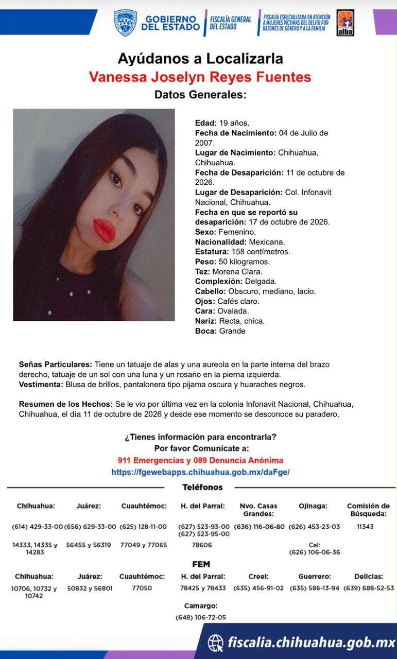 Solicitan ayuda para localizar a Vanessa Joselyn Reyes Fuentes