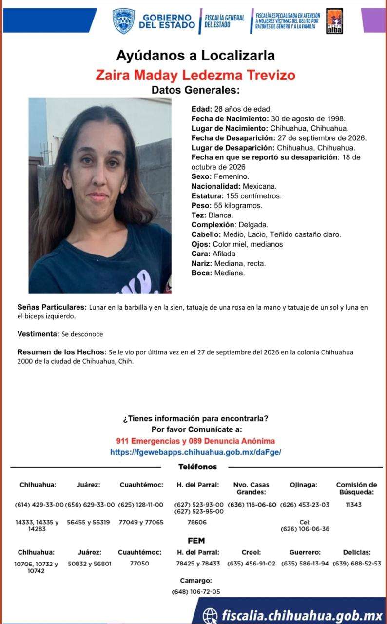 Solicitan ayuda para localizar a Zaira Maday Ledezma Trevizo