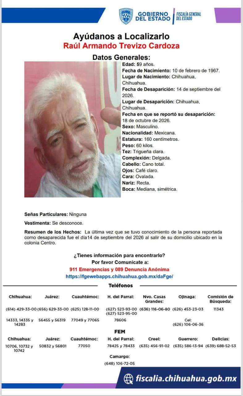 Solicitan ayuda para localizar a Rául Armando Trevizo Cardoza