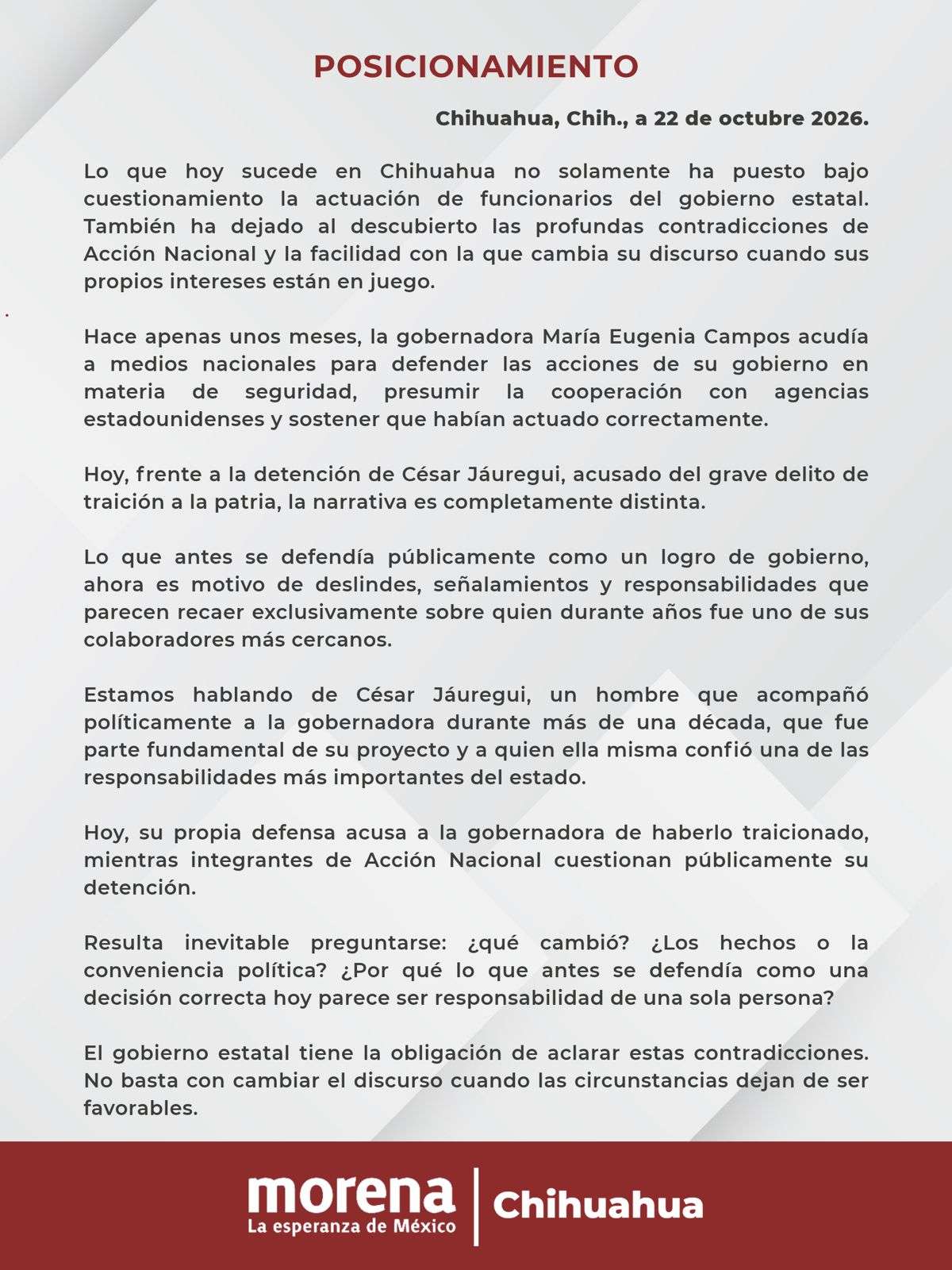 ¿Qué cambió?: cuestiona Morena al Gobierno Estatal por caso Jáuregui