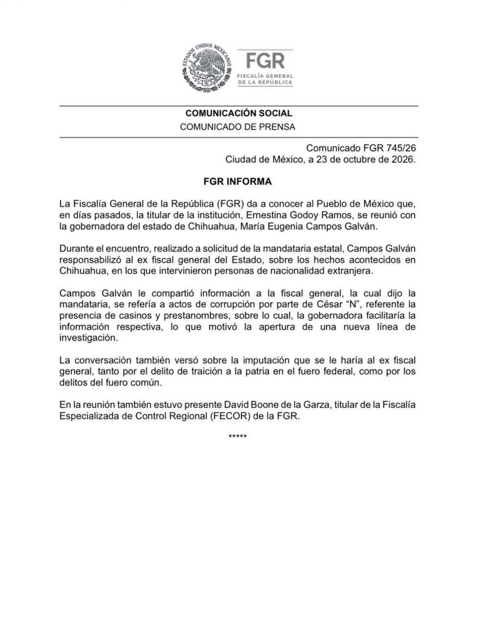 Dice FGR en boletín que Maru se reunió con Ernestina Godoy