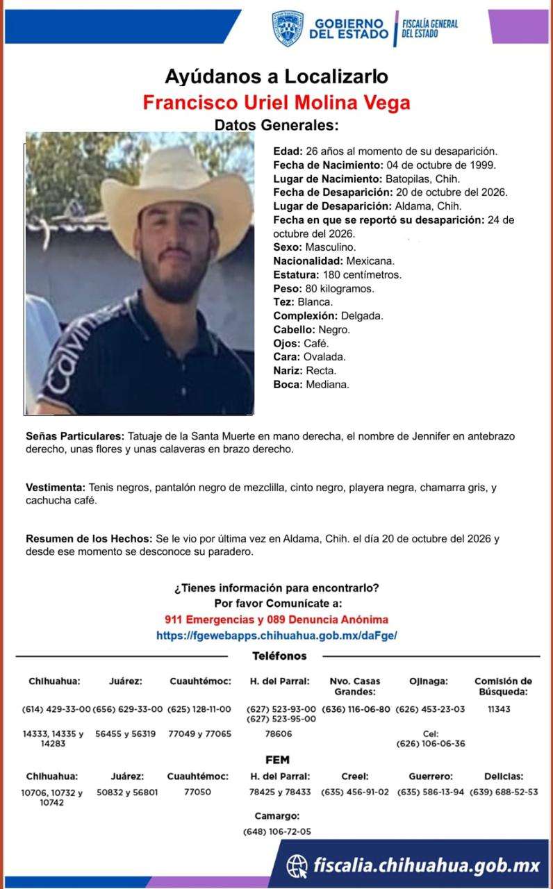 Solicitan ayuda para localizar a Francisco Uriel Molina Vega
