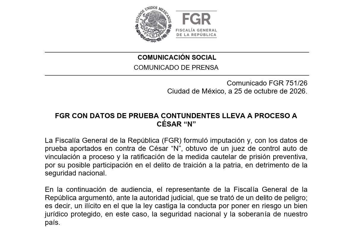 Ratifica FGR prisión preventiva contra Jáuregui por traición a la patria