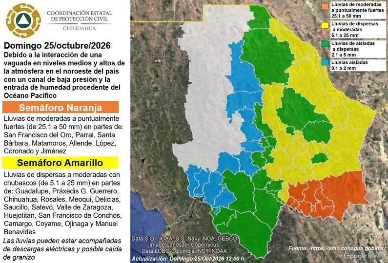 Alerta Protección Civil por lluvias y posible granizo en Chihuahua