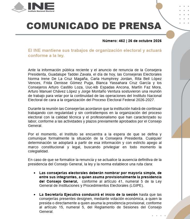 Alista INE relevo provisional ante posible salida de Taddei