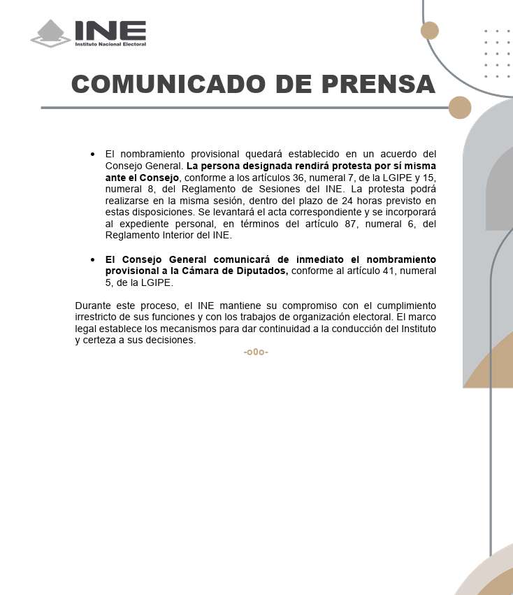 Alista INE relevo provisional ante posible salida de Taddei