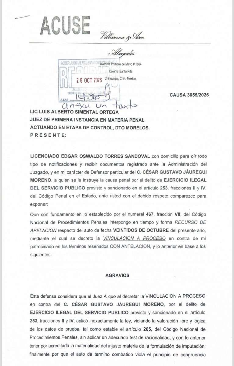 Apela defensa vinculación de Jauregui 
