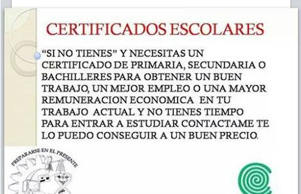 Ofertan por facebook certificados apócrifos de Cobach y