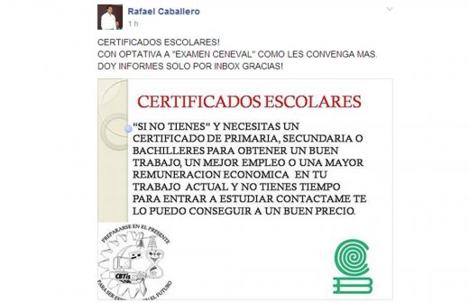 Ofertan por facebook certificados apócrifos de Cobach y